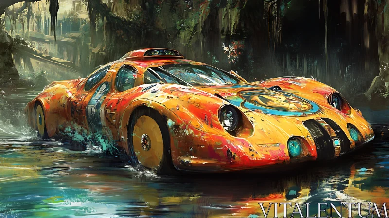 Bright orange racing car moves through shallow reflective water