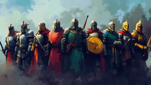 Armored knights stand in vivid formation within battlefield haze