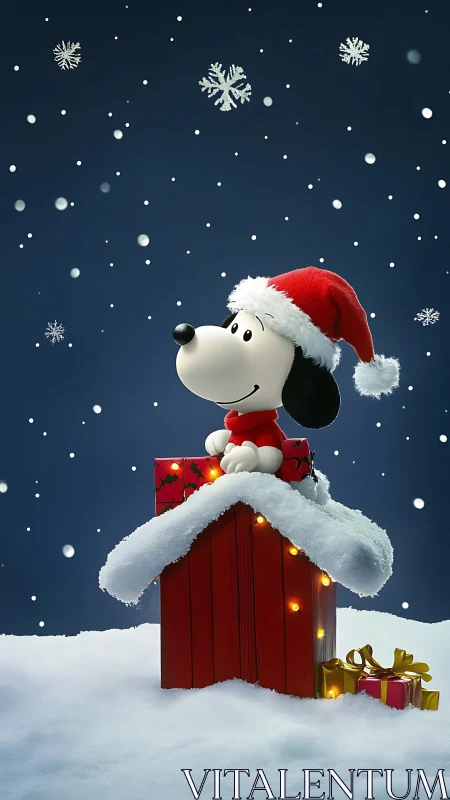 Snowy rooftop pup in a cozy Christmas night scene.