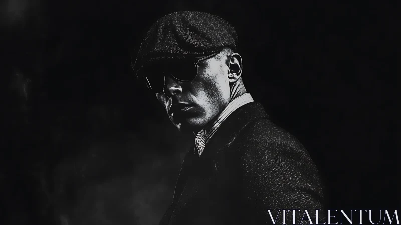 Moody noir portrait of man in cap and sunglasses.
