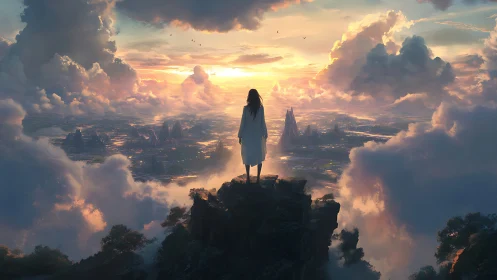 Solitary figure overlooking luminous cloud city at dawn.