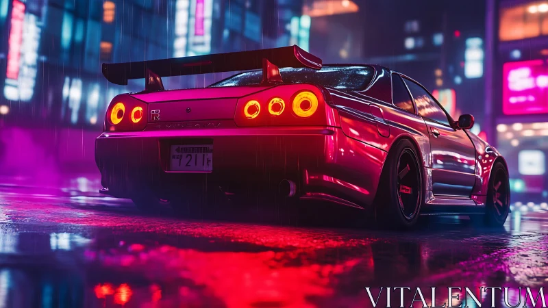 Neon-soaked skyline GT-R under rainlit city lights.