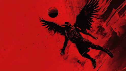 Winged basketball player soars toward ball on red field