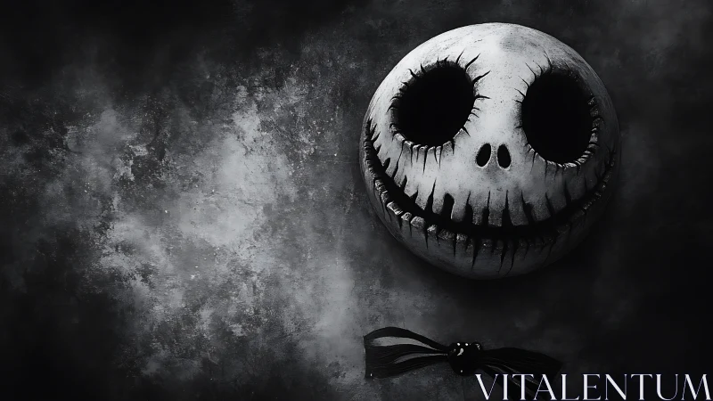Grinning skull mask floats in eerie monochrome gloom