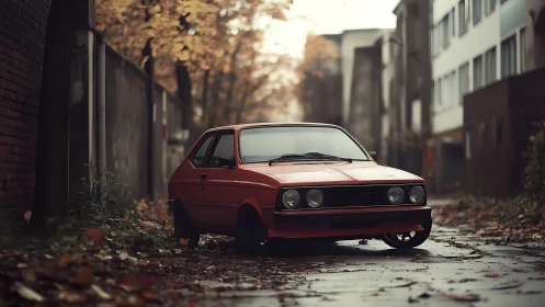 Red compact car parked in narrow wet urban street scene.