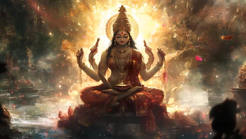 Radiant multi-armed goddess meditates in glowing river light