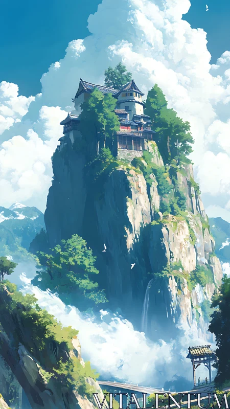 Vertical mountain shrine complex atop sheer cliffs with cloud inversion