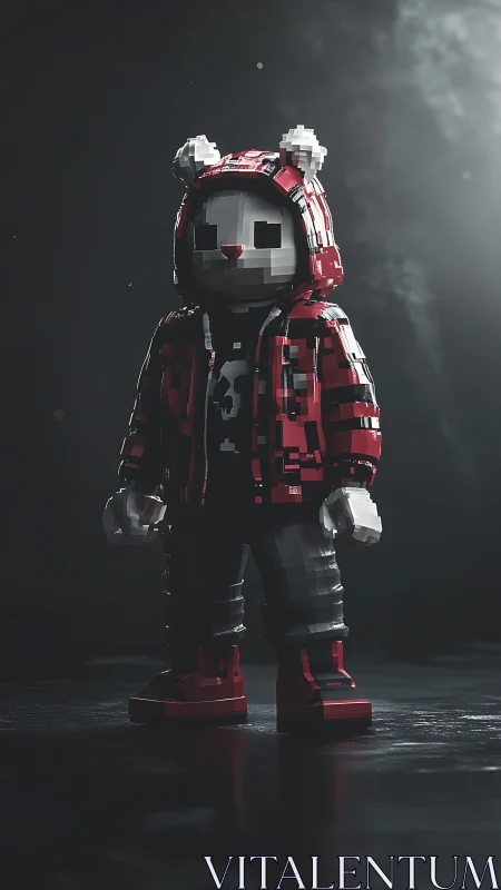 Blocky bear-hooded character stands in moody studio light