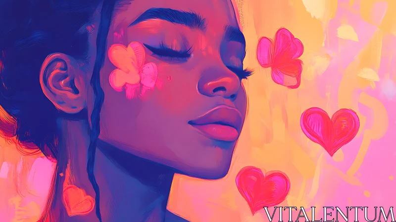 Neon Portrait with Flowers and Hearts