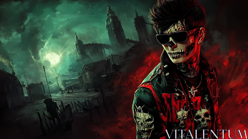 Neon skull punk in toxic green apocalyptic cityscape.