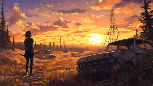 Solitary figure near derelict cars in rural sunset field.