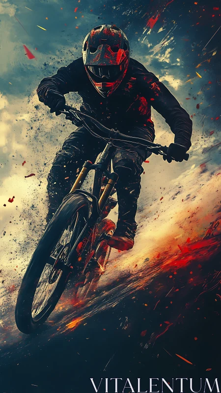 Rider charges through blazing trail in a storm of flying sparks