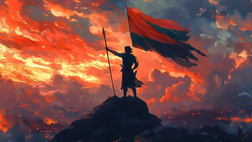 Warrior silhouette with banner over burning horizon sky.