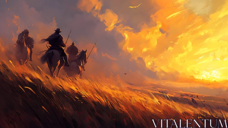 Riders in warm sunset light crossing windswept golden plains.