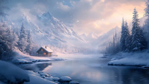 Snowlit cabin dreams beside a glassy alpine river at dawn.