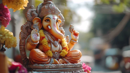 Ganesh idol with garlands in sunlit outdoor shrine.