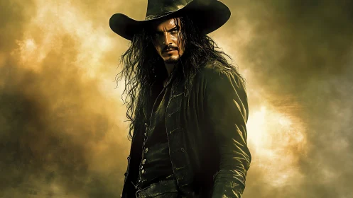 Dark gunslinger stands in golden stormlit desert haze.