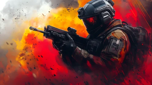 Tactical operator in flame-swept battlefield with high-detail armor