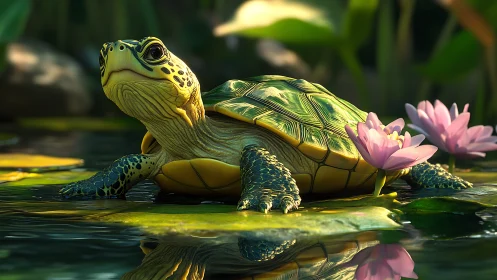 Sunlit aquatic turtle rendered in detailed 3D realism
