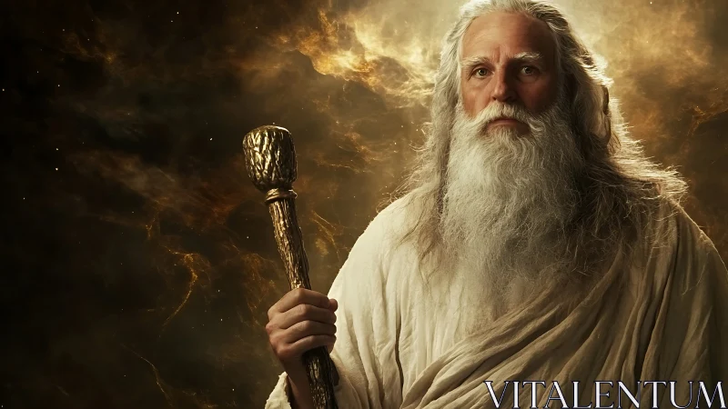 Ancient robed sage holding ornate staff in glowing cosmos.