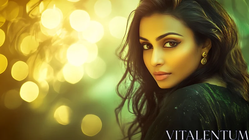 Cinematic portrait of woman with golden bokeh defocused lights