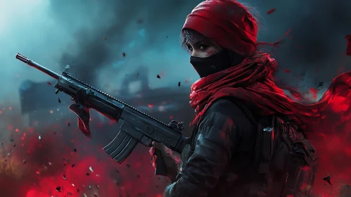 Scarlet-hooded rebel poised amid drifting battlefield embers.