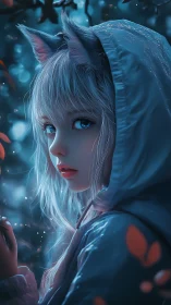 Moonlit fox-eared girl gazes back with quiet forest magic