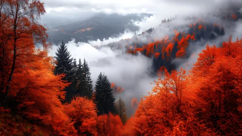 Misty Mountain Valley Draped in Brilliant Autumn Red