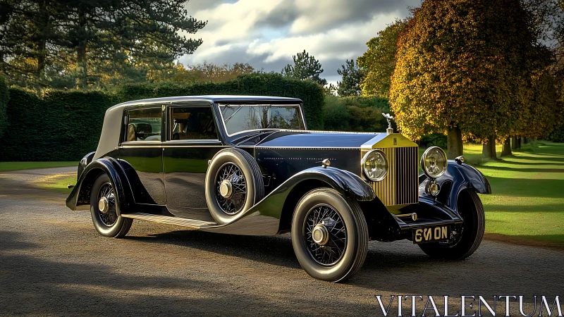 Vintage luxury limousine under golden afternoon park light.