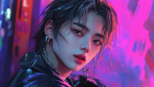 Androgynous neon portrait with glossy jacket and cyber glow