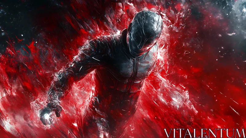 Armored figure strides through explosive red energy field