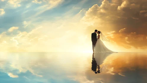 Bride and Groom Silhouette in Golden Sunset Over Water