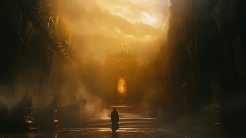 Robe-clad figure before grand stairway and lit gateway.