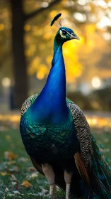 Peacock portrait with shallow depth of field and autumn bokeh background
