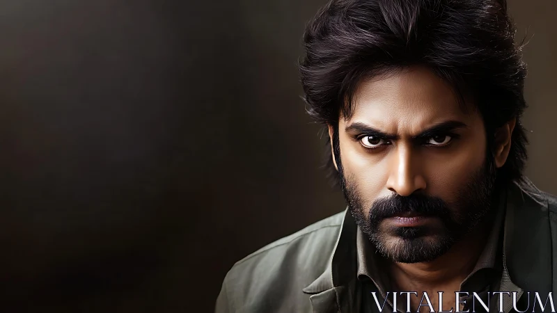 Photorealistic intense male portrait on dark gradient ground.