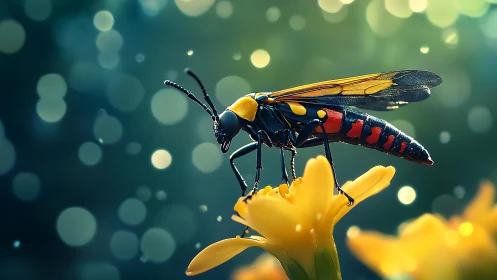 Iridescent wasp in macro profile captures luminous bokeh field