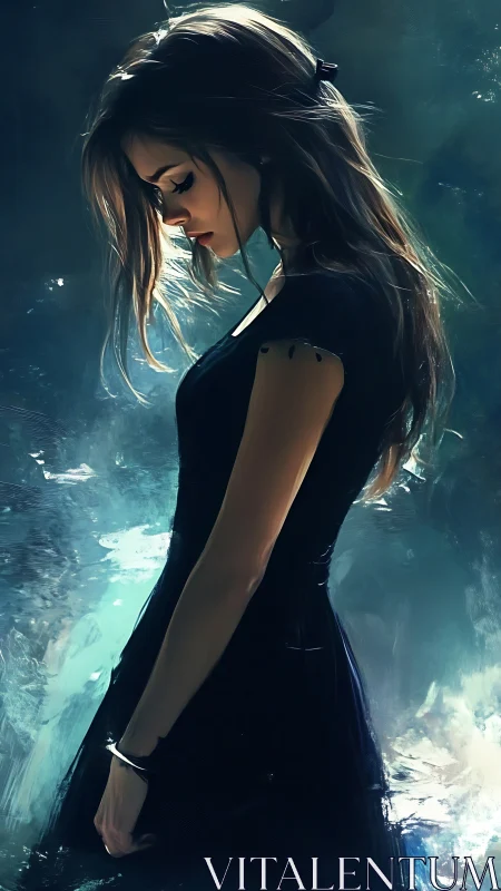 Softly lit girl in a dark dress pauses in quiet reflection