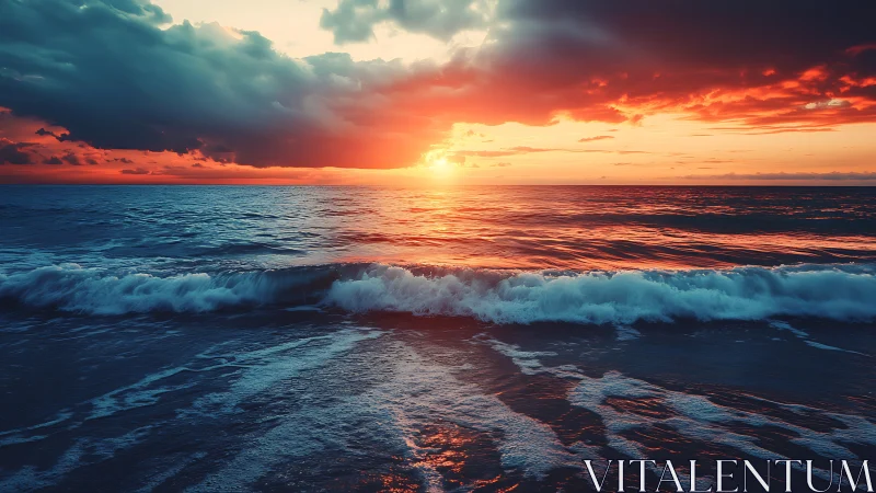 Sunset over ocean horizon with waves in foreground.