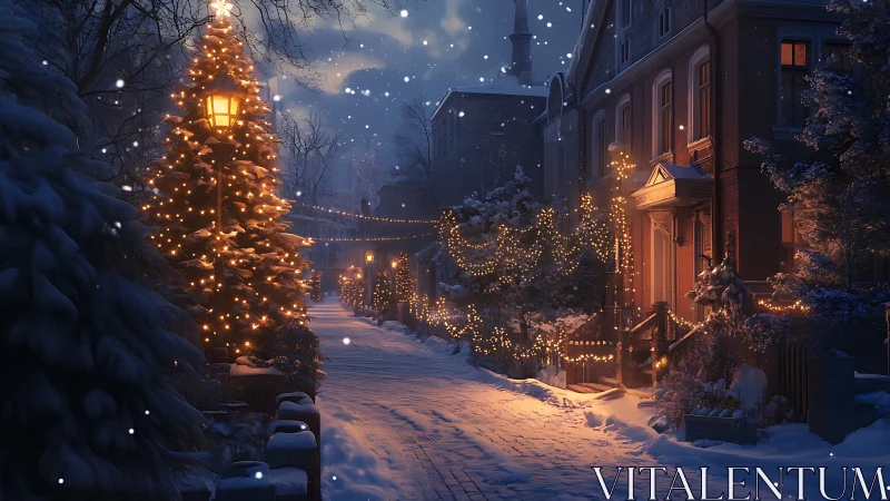 Snowy residential street with warm holiday lights at night.