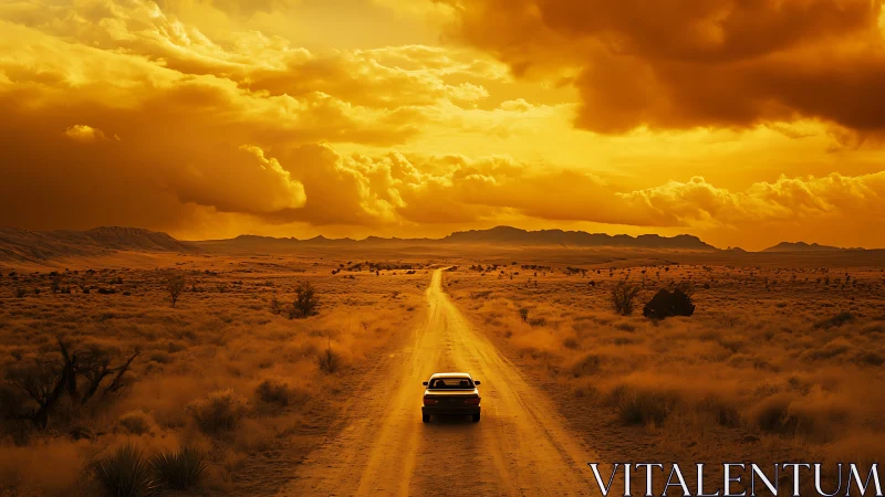 Lone car drives desert road under intense orange sky