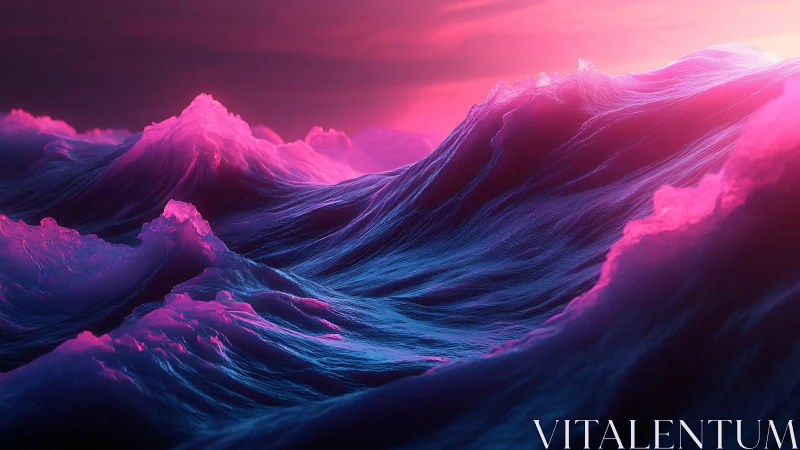 Neon-lit ocean waves roll under intense magenta sky
