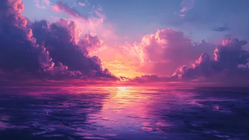 Electric serenity over neon-touched sunset ocean horizon.