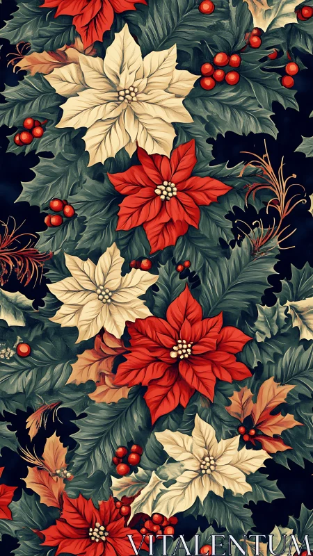 Festive poinsettias bloom among holly leaves in rich holiday color