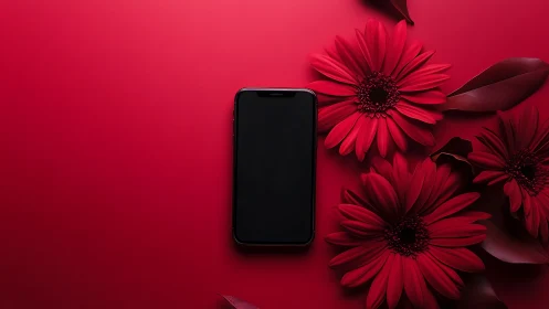 Minimalist Still Life Composition: Smartphone Against Red Floral Field.