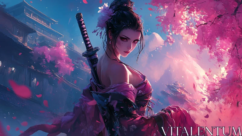 Samurai woman stands beneath glowing cherry blossoms at dusk