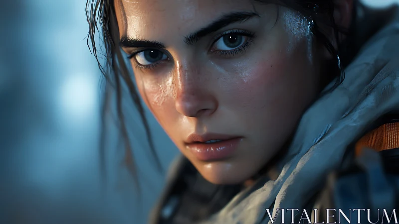 Close portrait shows young woman with wet, intensely lit face
