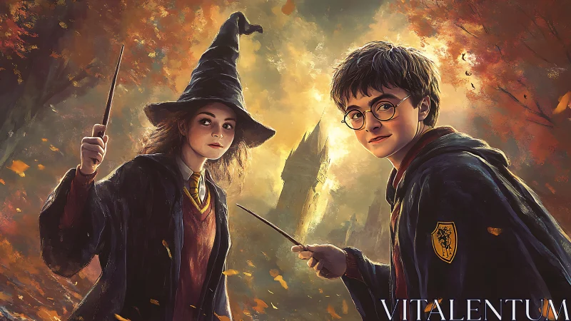 Young wizards spark autumn magic before glowing tower.