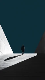 Solitary figure walks through angular architectural passage
