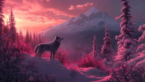 Lone wolf on snowy ridge under magenta alpine sunset glow