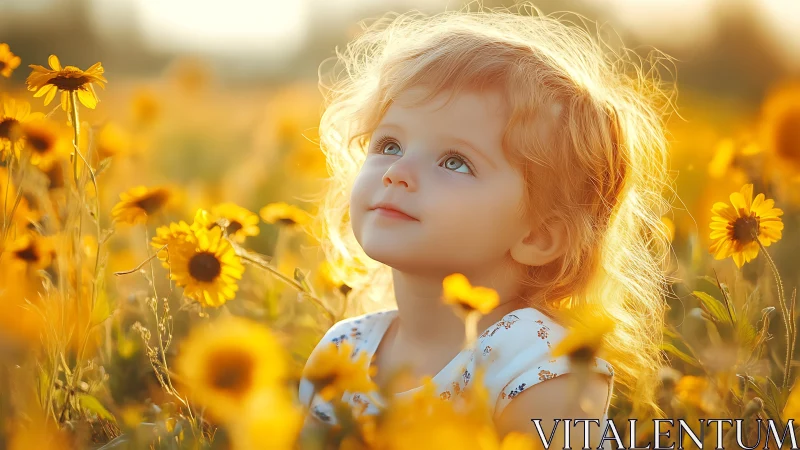 Child sits in field of yellow flowers under warm sunlight